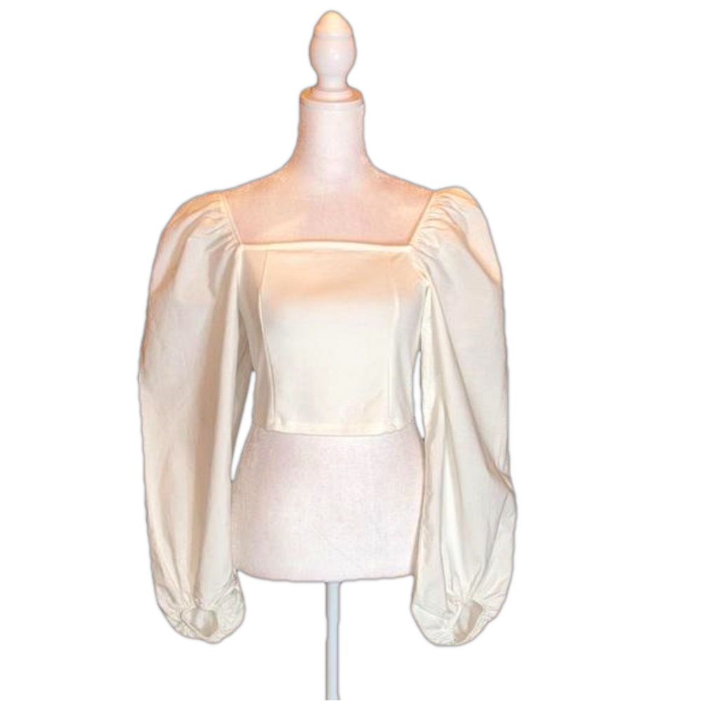 TOPSHOP Off-White Balloon Statement Sleeve Poplin Square Neck Crop Top Size 6 - Picture 4 of 9
